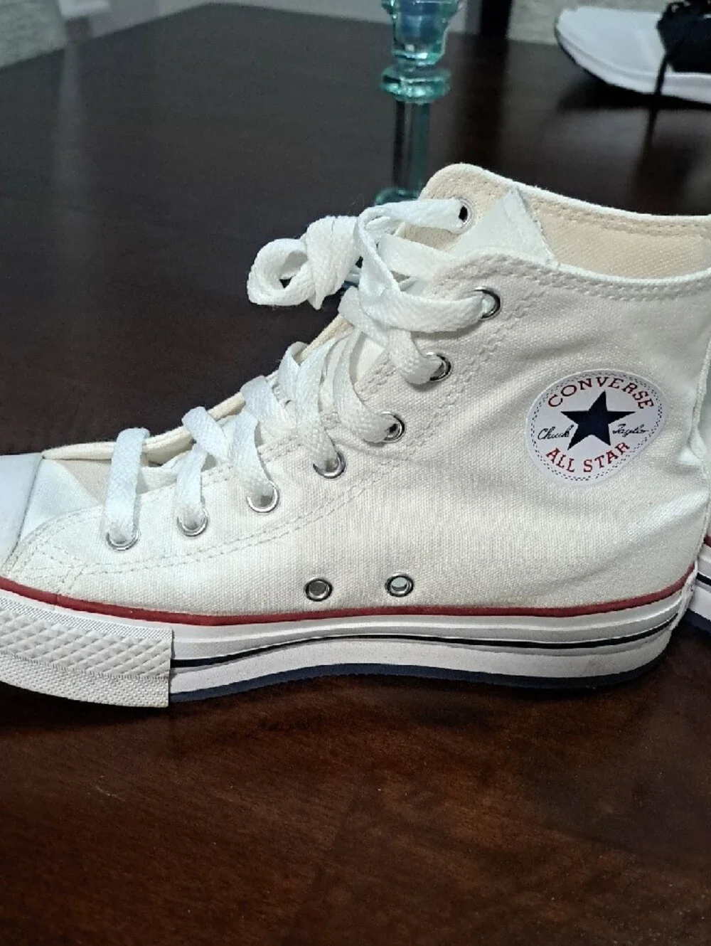 Converse White High Top Sneakers with Red & Navy Trim